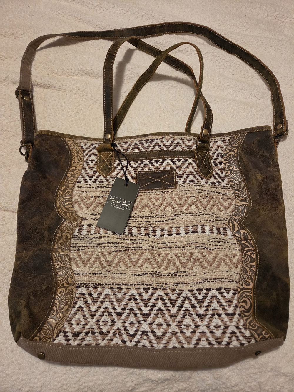 Myra Bag Brown & Cream Patterned Tote with Leather Accents